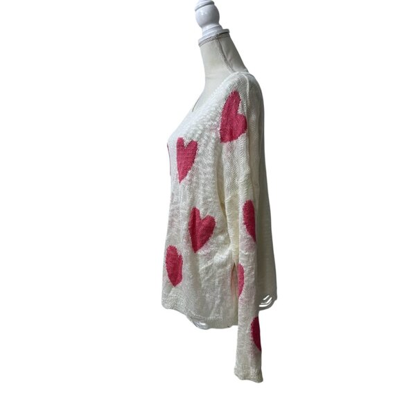 Blakeley Lightweight Loose Knit Sweater With Pink Hearts Distressed Hemline XL - Picture 3 of 10